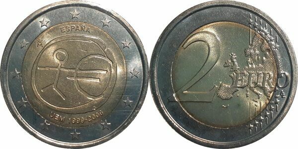 Spain, 2009, 2 Euro, 10th Anniversary of the European Monetary Union, KM # 1142, Bimetal, UNC CONDITION WITH A FEW BLACK SPOTS.