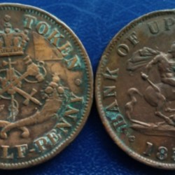 CANADA PROVINCES – UPPER CANADA, ½ Penny, 1857, KM# Tn2, Token, Circulated Condition.