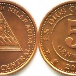 Nicaragua, 5 Centavos, 2002, KM #97, UNC Condition.