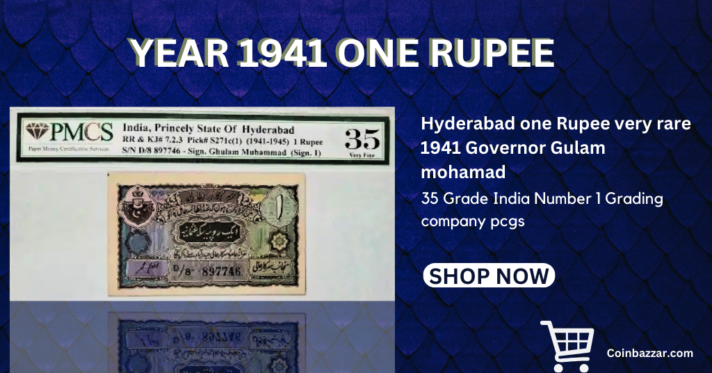 Hyderabad one Ruppes very rare 1941 Governor Gulam mohamad 35 Grade India Number 1 Grading company pcgs