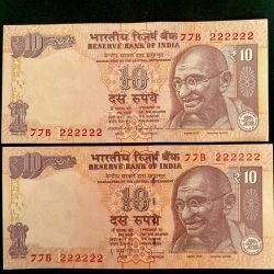 Rs 10 India Banknote Twin Set Gem Unc Very Unique Set Solid Number 77B 222222