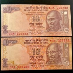 Rs 10 India Banknote Twin Set Gem UNC Very Unique Set Solid Number 63A 222222