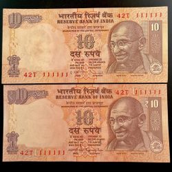 Rs 10 India Banknote TWIN SET Gem Unc Very Unique Set Solid Number 42T 111111