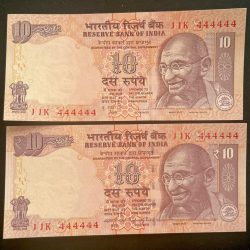 Rs 10 India Banknote TWIN SET Gem Unc Very Unique Set Solid Number 11K 444444