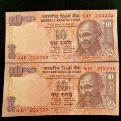 Rs 10 India Banknote TWIN SET Gem Unc Very Unique Set Solid Number 64F 222222