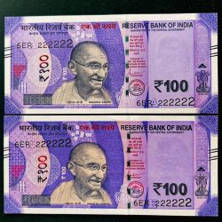 Rs 100 India Banknote TWIN SET Gem Unc Very Unique Solid Number 6ER 222222