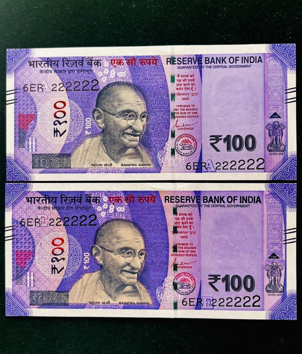 Rs 100 India Banknote TWIN SET Gem Unc Very Unique Solid Number 6ER 222222