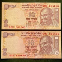 Rs 10 India Banknote TWIN SET Gem Unc Very Unique Set Solid Number 80E 666666