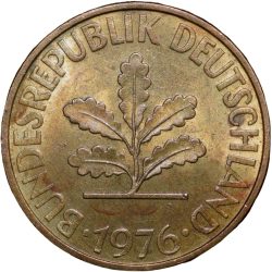 Brass 10 Pfenning of Germany (AD 1976) with Oak Sapling About UNC