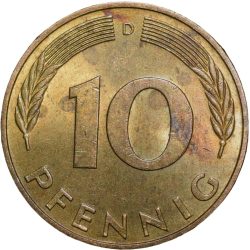 Alternative view of Brass 10 Pfenning of Germany (AD 1976) with Oak Sapling About UNC
