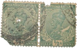 Postal Stamp of George V 1/2 Anna Green Colour - Block of 2 Stamps - Used Condition as per Image.