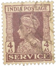 Postal Stamp of George VI 4 Annas Brown Colour 'Service' - Used Condition as per Image.
