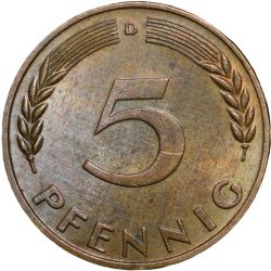 Alternative view of Old Brass 5 Pfenning of Germany (AD 1950) with Oak Sapling