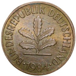 Brass 5 Pfenning of Germany (AD 1984) with Oak Sapling