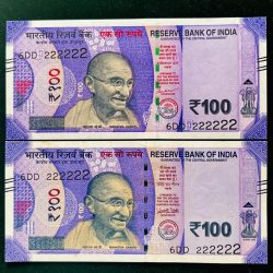 Rs 100 India Banknote TWIN SET Gem Unc Very Unique Solid Number 6DD 222222