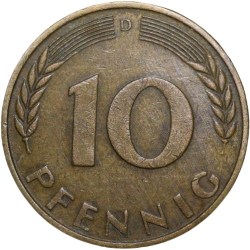 Alternative view of Old Brass 10 Pfenning of Germany (AD 1950) Beautiful Grade
