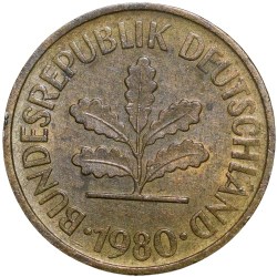 Brass 5 Pfenning of Germany (AD 1980) with Oak Sapling