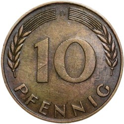 Alternative view of Old Brass 10 Pfennings of Germany (AD 1950) with Oak Sapling