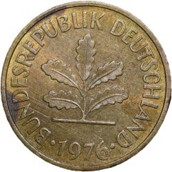Brass 5 Pfenning of Germany (AD 1976) with Oak Sapling