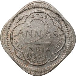 Alternative view of Copper-Nickel 2 Annas of George VI(AD 1941) of Calcutta Mint