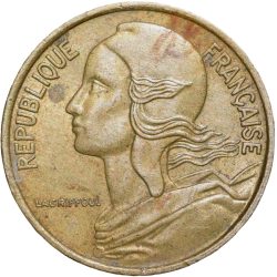 Brass 5 Centimes of France ( AD 1974) with Marianne face left
