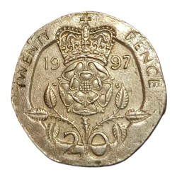 GREAT BRITAIN Cu/Ni TWENTY PENCE Year 1997 Queen ELIZABETH-II "Tudor Rose" Theme High Collectable Grade.