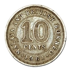 MALAYA AND BRITISH BORNEO Cu/Ni 10 CENTS Year 1961 Queen ELIZABETH-II **SCARE** High Collectable Grade.