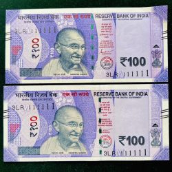 Rs 100 India Banknote TWIN SET Gem Unc Very Unique Solid Number 3LR 111111