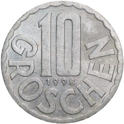 Alternative view of Aluminium 10 Goschen of Austria (AD 1998) with Austrian coat of arms