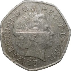 Alternative view of Copper-Nickel 50 Pence of Elizabeth II (AD 2001) from United Kingdom