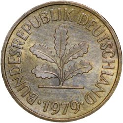Brass 5 Pfenning of Germany (AD 1979) with Oak Sapling