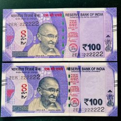 Rs 100 India Banknote TWIN SET Gem Unc Very Unique Solid Number 2ER 222222