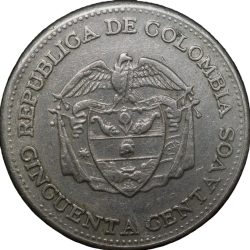 Alternative view of Large Copper-Nickel 50 Centavos of Colombia Country (AD 1959) 150th Anniversary of the Proclamation of Independence of Colombia