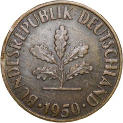 Old Brass 10 Pfennings of Germany (AD 1950) with Oak Sapling