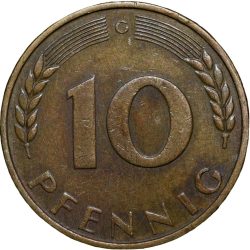 Alternative view of Old Brass 10 Pfennings of Germany (AD 1950) with Oak Sapling