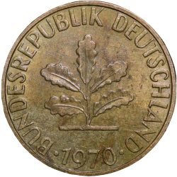 Alternative view of Brass 5 Pfenning of Germany (AD 1970) with Oak Sapling