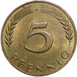 Brass 5 Pfenning of Germany (AD 1970) with Oak Sapling