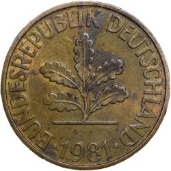Brass 10 Pfennings of Germany (AD 1981) with Oak Sapling