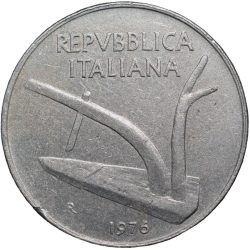 Alternative view of Aluminium 10 Lira of Italy Country (AD 1976) with Plough & 2 ears of Wheat