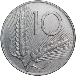 Aluminium 10 Lira of Italy Country (AD 1976) with Plough & 2 ears of Wheat