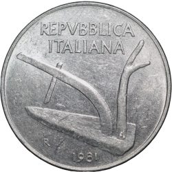 Aluminium 10 Lira of Italy Country (AD 1981) with Plough & 2 ears of Wheat