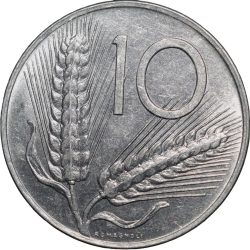 Alternative view of Aluminium 10 Lira of Italy Country (AD 1981) with Plough & 2 ears of Wheat