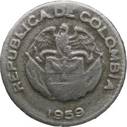 Alternative view of Old Copper-Nickel 10 Pesos of Colombia Country (AD 1959) with portrait of Indio Chief