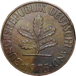 Brass 10 Pfennings of Germany (AD 1973) with Oak Sapling