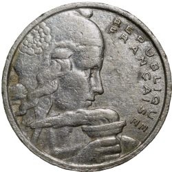 Old Copper-Nickel 100 Francs of France (AD 1954) with Bust of Liberty holding a torch facing right