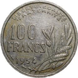 Alternative view of Old Copper-Nickel 100 Francs of France (AD 1954) with Bust of Liberty holding a torch facing right