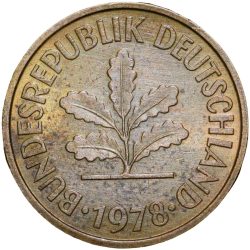 Brass 5 Pfenning of Germany (AD 1978) with Oak Sapling