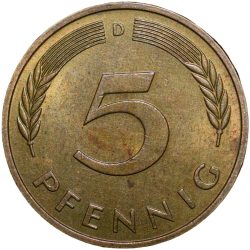 Alternative view of Brass 5 Pfenning of Germany (AD 1978) with Oak Sapling
