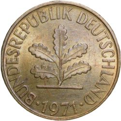 Brass 10 Pfennings of Germany (AD 1971) with Oak Sapling