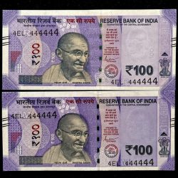 Rs 100 India Banknote TWIN SET Gem Unc Very Unique Solid Number 4EL 444444